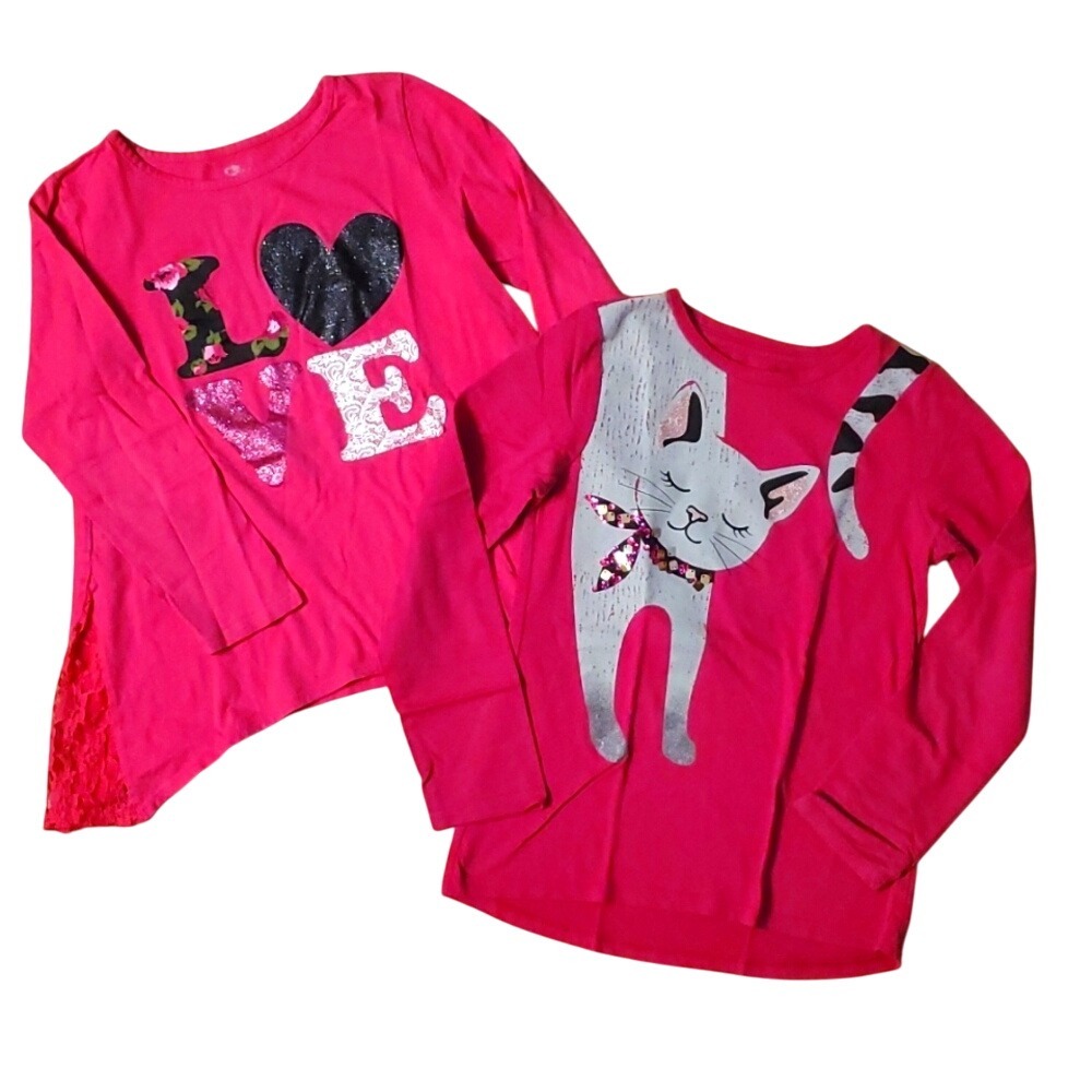 2 Girls Long Sleeve Shirts- LOVE by Children's Place & Cat by Wonder Nation 7-8